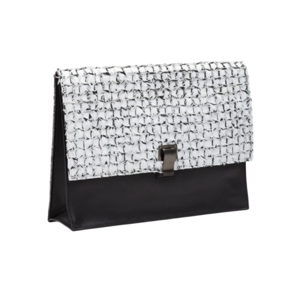 Proenza Schouler Woven Tweed Clutch Black & White Leather Authentic Celeb Style